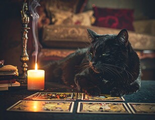 Black cat resting near tarot cards
