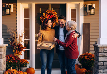 Multi-generational family embracing on a decorated porch during an autumn holiday visit.