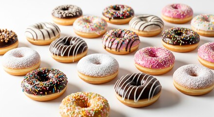 Assorted donuts in various colors and toppings