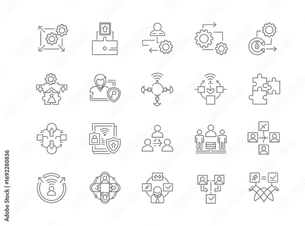 Poster vector icons set of hand drawn business process and teamwork icon set. eps editable
