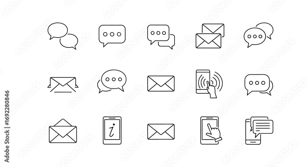 Poster vector icons set of hand drawn communication line icons set with chat bubbles and email symbols. eps