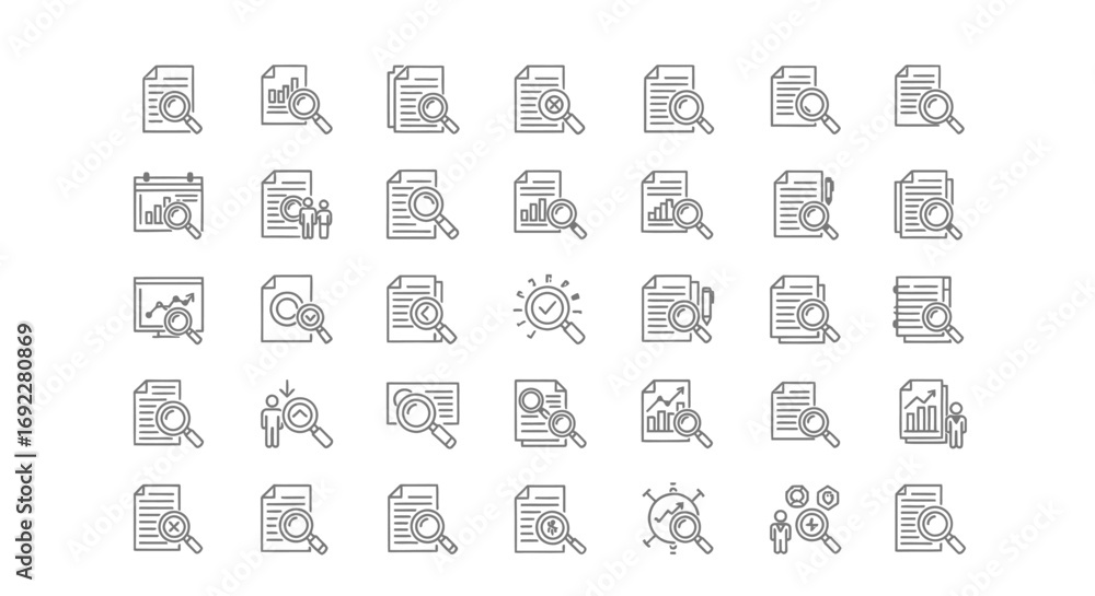 Poster vector icons set of hand drawn doodle icon set for document search and data analysis. eps editable