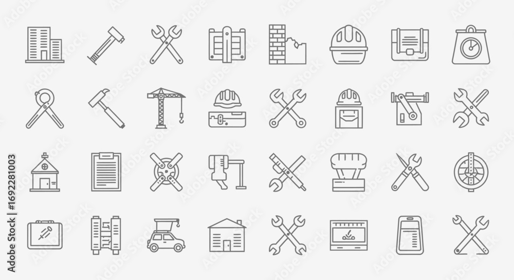 Poster vector icons set of hand drawn doodle style construction tools and architecture icons set. eps edita