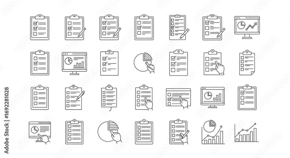 Poster vector icons set of hand drawn doodle style business report and data analysis icon set. eps editable