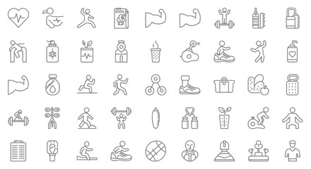 Vector Icons Set of Hand Drawn Fitness and Health Doodle Icon Set. EPS Editable