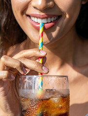 Close-Up of a Woman Drinking Soda Through a Colorful Straw