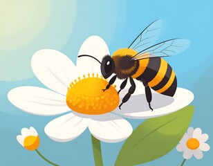 A bee on a daisy in a sunny sky
