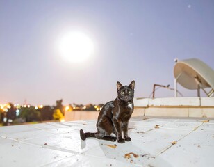 Black cat sits on rooftop at night