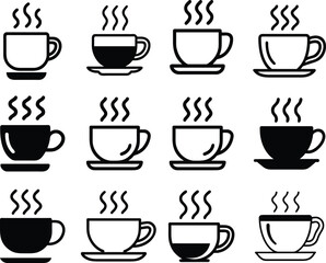 Coffee Cup Icon Set Hot Drink Mug with Steam Vector Collection
