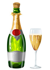 Corked Champagne Bottle with Bubbly Flute Glass - Party Drink Illustration 