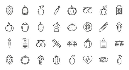 Vector Icons Set of Healthy Food Nutrition and Wellness Outline Icon Set. EPS Editable