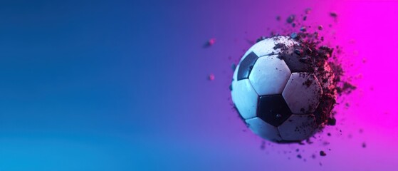 Fototapeta premium Football kick intensity concept. Exploding soccer ball against a vibrant gradient background.