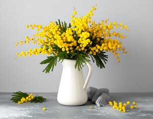 A bouquet of bright yellow mimosa flowers in a white pitcher