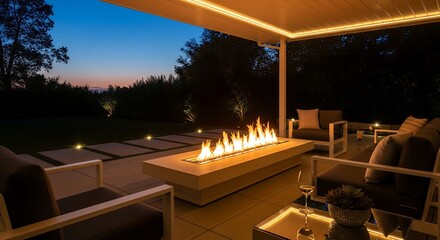 Modern outdoor patio with a long linear gas fireplace and ambient lighting at dusk.