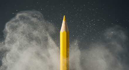 Bright yellow pencil emerges from swirling dust, symbolizing creativity and new ideas bursting forth.