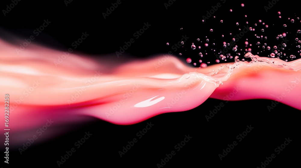 Poster fluid movement of pink liquid creating dynamic shapes in dark background