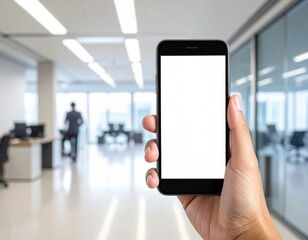 Modern professional holding smartphone with blank screen in bright office workspace for business updates