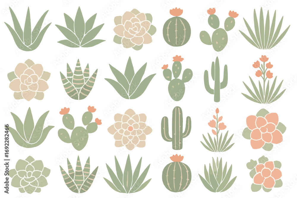 Poster decorative pattern featuring various succulents and cacti designed in soft colors in a textile style