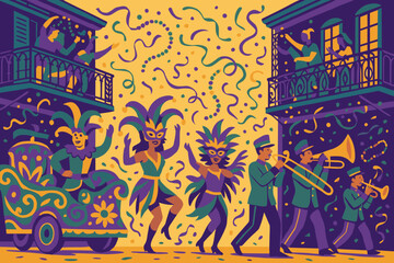 Obraz premium Colorful carnival celebration with dancers, musicians, and festive decorations in a lively street