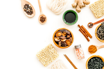 Rice vermicelli, noodles, spices, weeds pattern to cook Chinese, Japanese food on white background...