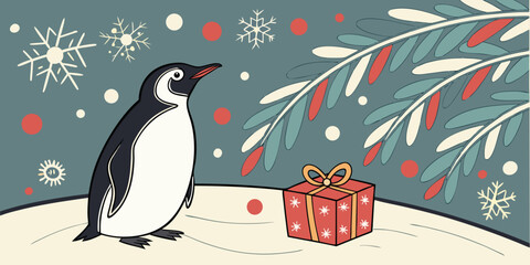 Christmas Penguin beside Gift Box