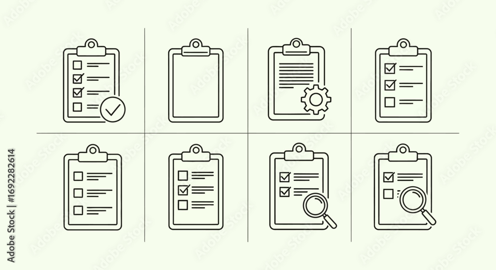 Poster vector icons set of thin line clipboard icons with checklists and magnifying glass. eps editable