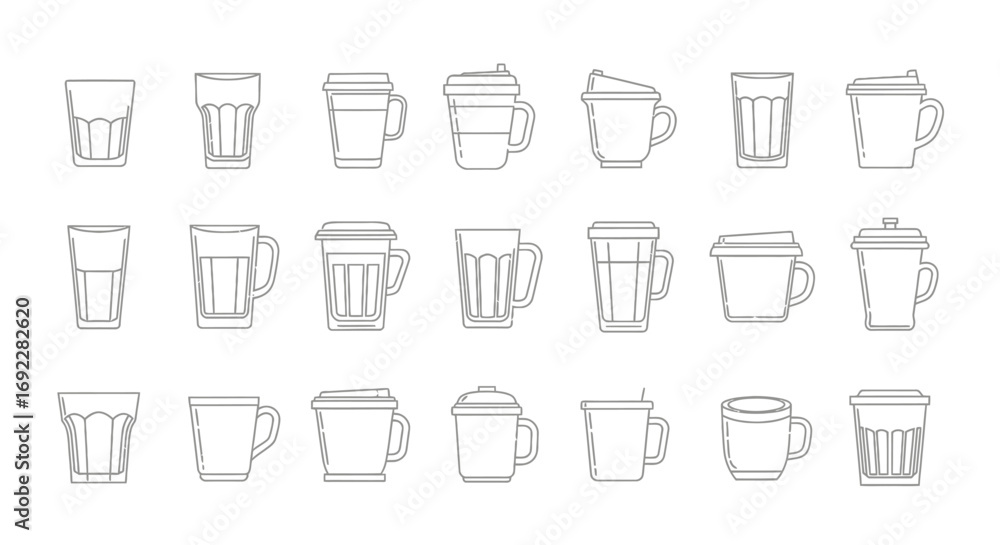 Poster vector icons set of various coffee cups and mugs in a minimalist line art style isolated on a white 