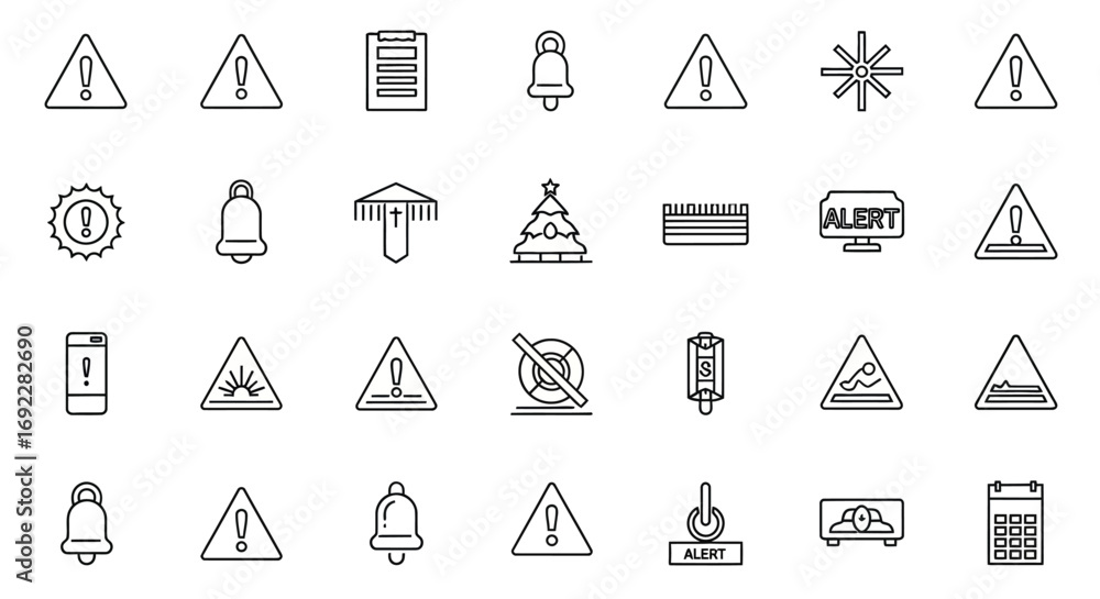 Poster vector icons set of simple line art icon set featuring warning signs alert bells and notification sy