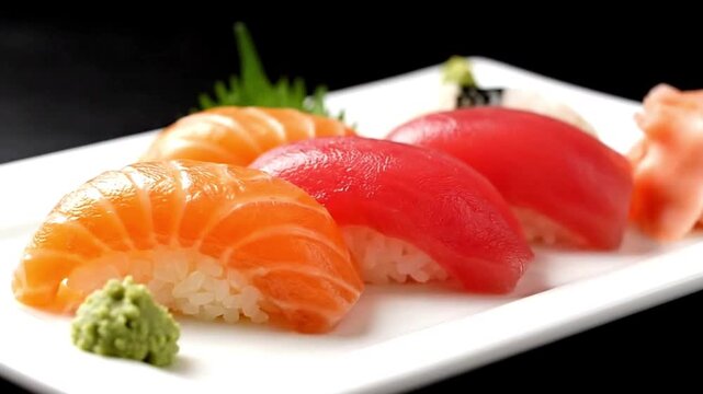 A plate of sushi featuring salmon and tuna nigiri garnished with wasabi pickled ginger and a green leafy sprig