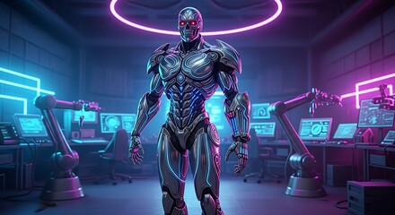 Futuristic Robot in Neon-Lit Lab - A Vision of Advanced Technology.