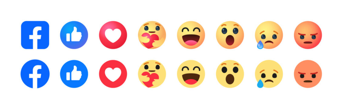 Facebook logo, Facebook Reactions emojis (Like, Haha, Wow, Sad, Angry),Flat Design and 3D Design Set