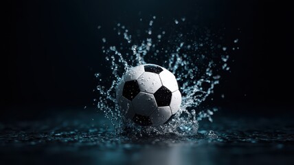 Fototapeta premium Football kick intensity concept. A soccer ball splashes into water, creating dynamic ripples.