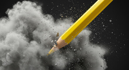 Dynamic yellow pencil breaks through dust and debris, symbolizing creativity and impact