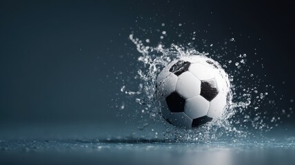 Naklejka premium Football kick intensity concept. Dynamic soccer ball splashing water in a striking visual display.