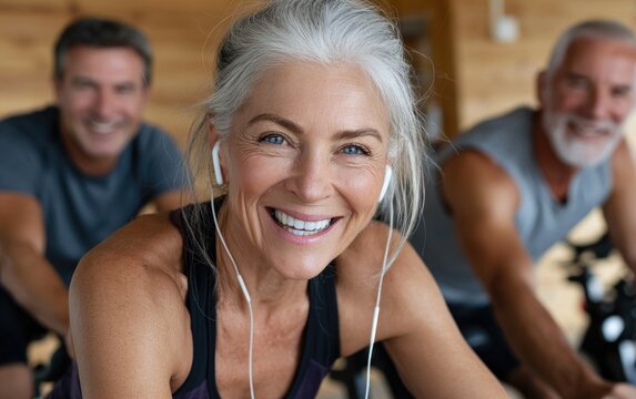 a group of middle-aged people riding spinning gym bike in the home, one woman with gray hair wearing purple shirt and black shorts is at front left on red emotion bench