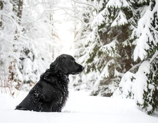 Black dog in snowy forest