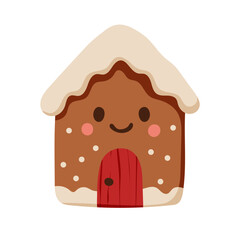 A gingerbread house with a red door and a smiling face. The house is decorated with white icing and has a snowy roof