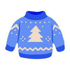 A blue sweater with a tree on it. The tree is brown and white