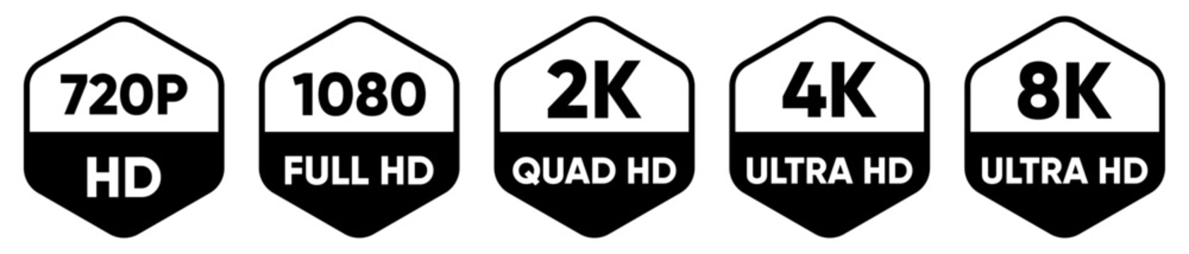 Black and White HD Resolution Icons 720P 1080P 2K 4K 8K Labels