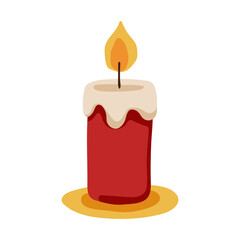 A red candle with a yellow wax is lit on a yellow plate