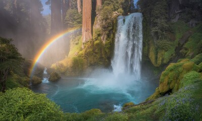 Rainbow arches over a waterfall cascading into a pool. Lush, verdant forest surrounds the scene