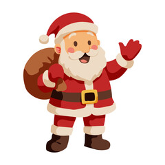 A cartoonish image of Santa Claus holding a sack on his back. He is smiling and waving