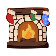 A fireplace with a fire burning in it and three red and green stockings hanging from the mantle