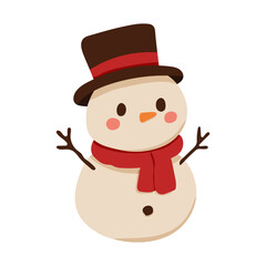 A cartoon snowman wearing a red scarf and a hat. The snowman is smiling and has a playful, cheerful expression