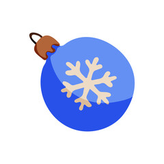 A blue ornament with a snowflake on it. The snowflake is white and has three points