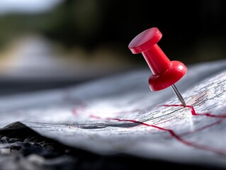 Red pushpin marking a location on a road map