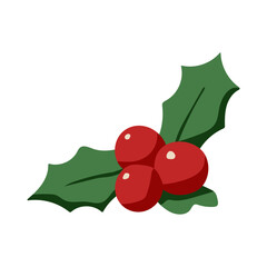 A red holly leaf with three red berries on it. The berries are shiny and the leaf is green