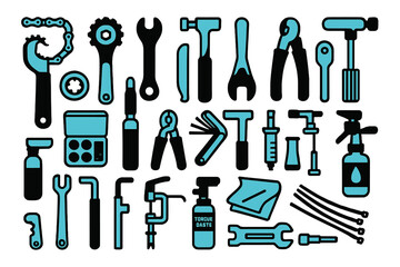 Set of Bicycle Repair and Maintenance Tools Icons on Gradient Background