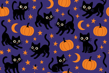 Fototapeta premium Seamless Halloween pattern with cute black cats, pumpkins, stars, and crescent moons on purple background