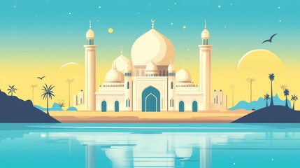 Serene Mosque by the Water at Sunset